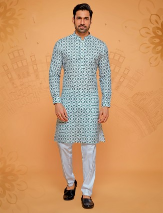 Linen cotton kurta suit in white and green