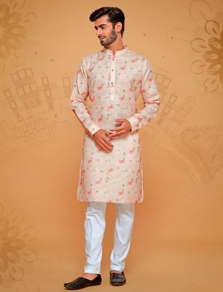 Linen cotton light peach printed kurta suit