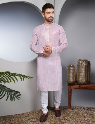 Linen cotton light pink printed kurta suit