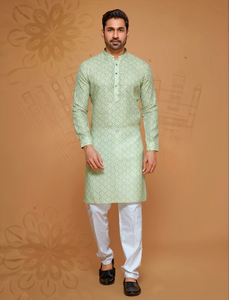 Linen cotton pista green printed kurta suit