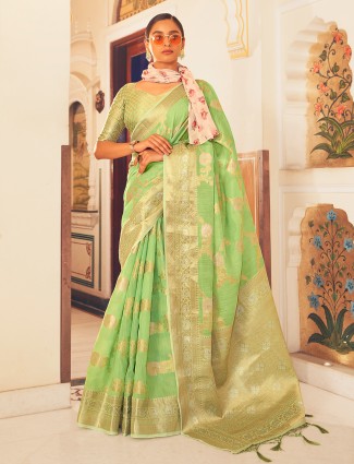 Linen green zari weaving saree