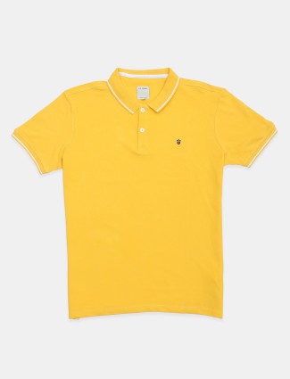 Louis Philippe solid yellow cotton casual t-shirt