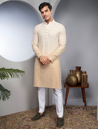 Lucknowi light yellow cotton kurta suit