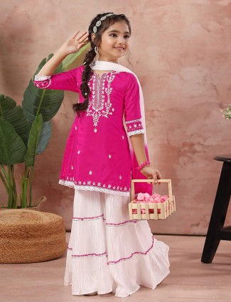 Magenta embroidery sharara suit in silk