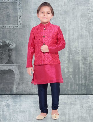 Magenta raw silk waistcoat set for boys