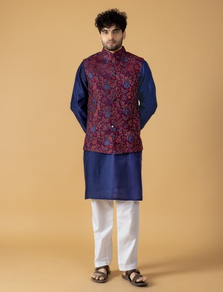 Maroon and blue silk waistcoat set