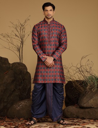 Maroon and navy silk kurta suit
