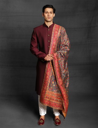 Maroon color terry rayon sherwani for wedding event