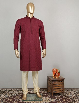 Maroon cotton festive wear kurta set