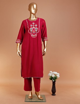 Maroon cotton pant set with embroidery