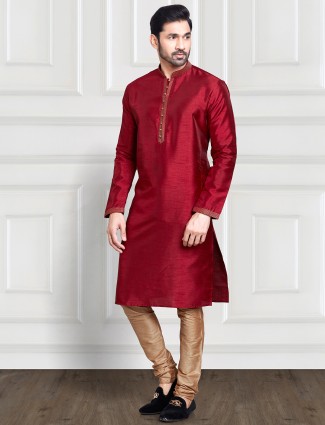 Maroon plain art silk kurta suit