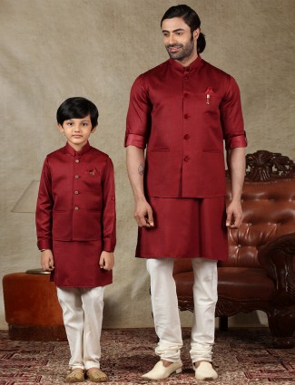 Maroon silk father and son waistcoat set for parties