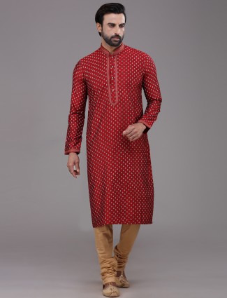 Maroon silk printed kurta suit