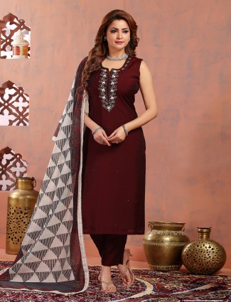 Maroon silk salwar suit with beautiful printed dupatta