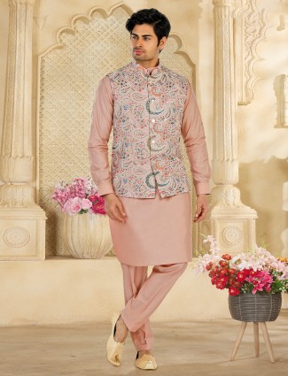 Mauve pink embroidery silk waistcoat set