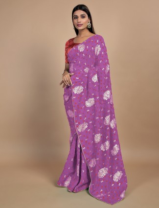Mauve pink printed festive look bandhej saree