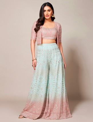 Mint green and pink georgette palazzo suit