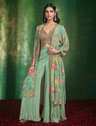 Mint green jacket style printed palazzo suit