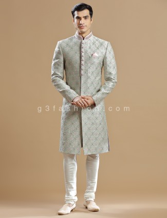 Mint green raw silk groom wear sherwani
