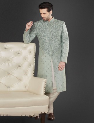 Mint green raw silk sherwani for groom wear 