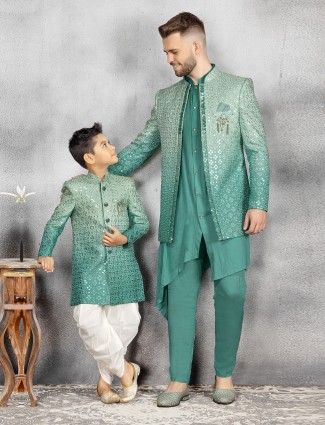 Mint green silk indowestern for father and son