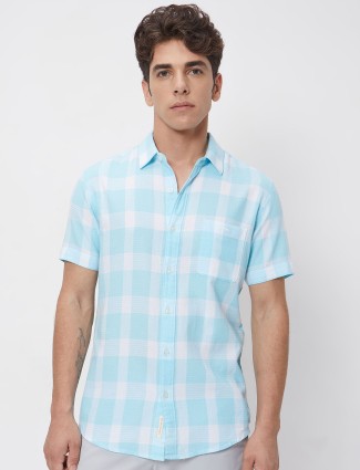 MUFTI cotton sky blue checks shirt