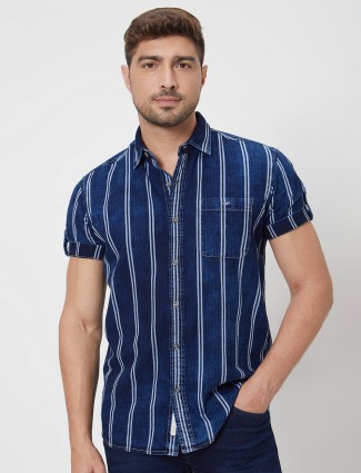 MUFTI dark blue stripe half sleeve shirt