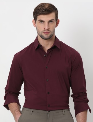 MUFTI maroon plain cotton shirt
