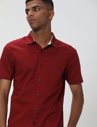 Mufti red plain half sleeve slim fit shirt