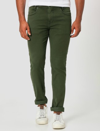 Mufti solid military green super slim fit jeans