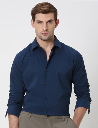 MUFTI teal blue cotton plain shirt
