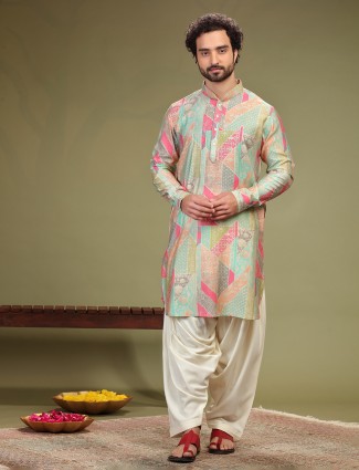 Multi color printed cotton silk kurta suit