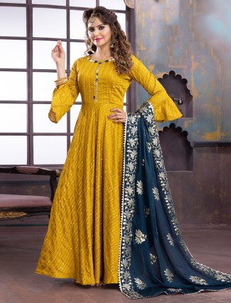 Mustard yellow anarkali suit with contrast dupatta