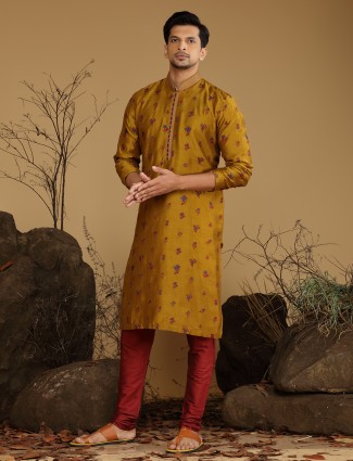 Mustard yellow embroidery kurta suit in silk