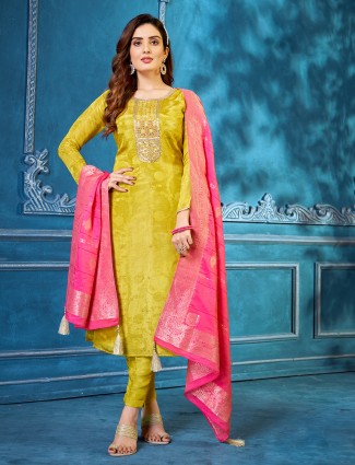 Mustard yellow festive salwar suit in silk