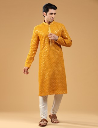 Mustard yellow georgette kurta suit with sequins