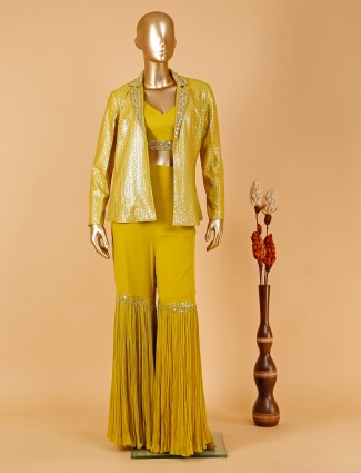 Mustard yellow jacket style georgette sharara suit