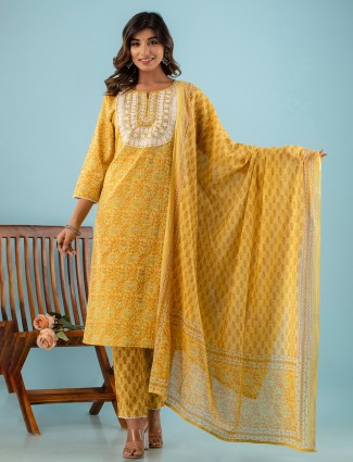 Mustard yellow printed cotton casual kurti set