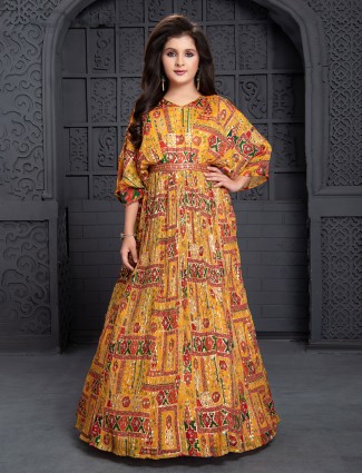 Mustard yellow printed floor length gown