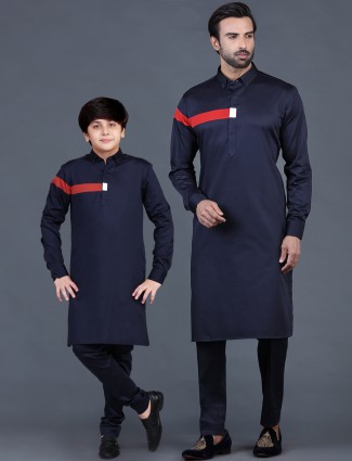 Navy blue cotton plain father-son pathani suit