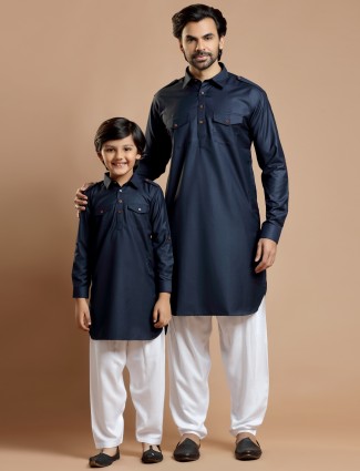 Navy father and son pathani suit in cotton silk