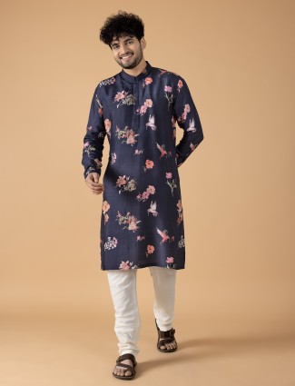 Navy floral printed kurta suit in silk