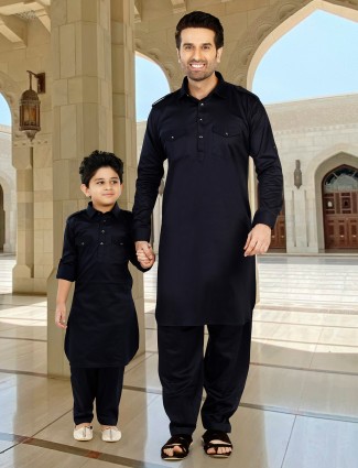 Navy plain pathani suit for father and son
