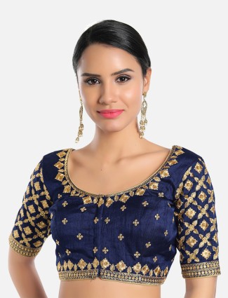Navy silk embroidery blouse