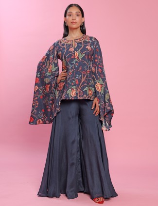Navy silk floral printed palazzo suit