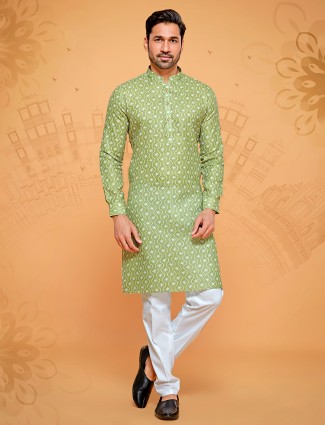 Newest green printed linen cotton kurta suit