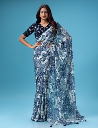 Off white and blue printed saree
