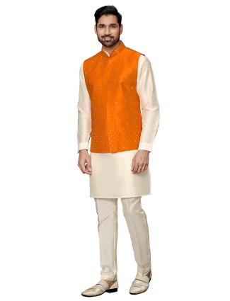 Off white and orange silk waistcoat set