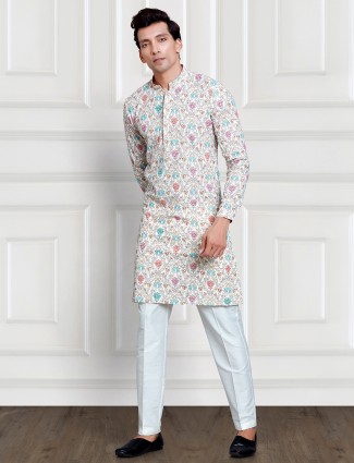 Off white and pink rayon cotton printed kurta suit