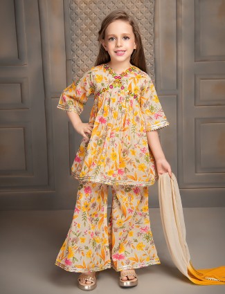 Off white and yellow cotton palazzo suit